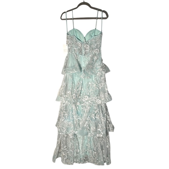 Mac Duggal Spaghetti Strap Applique Tiered Ruffle Gown in Mint - Picture 5 of 10